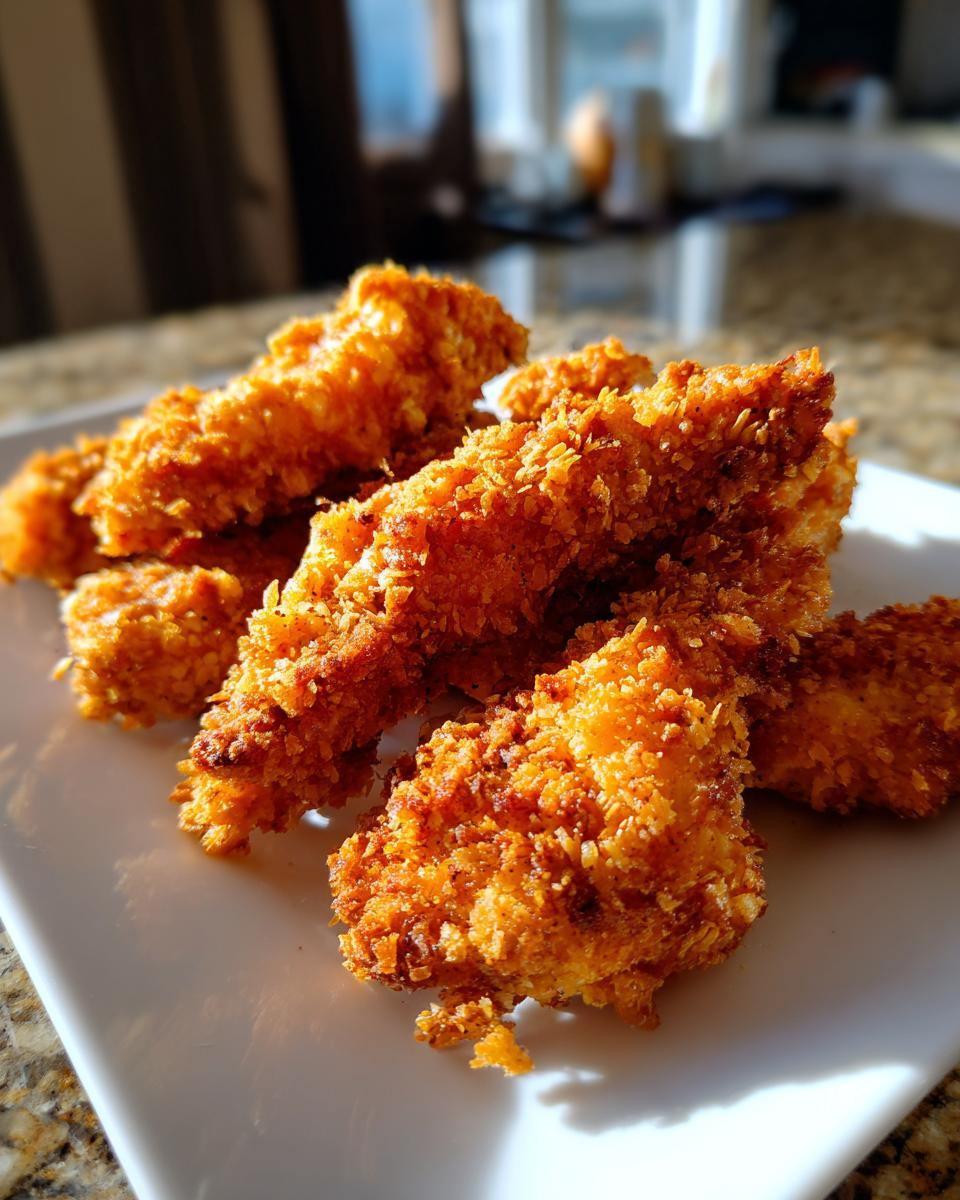 A pile of golden-brown, crispy air fryer chicken tenders on a white plate.
