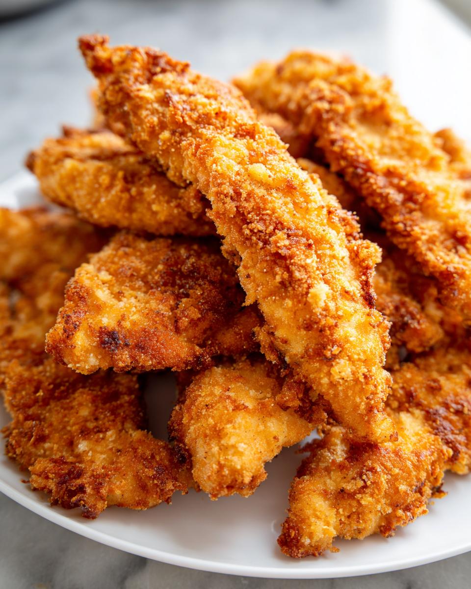 A close-up shot of a pile of golden brown, crispy air fryer chicken tenders on a white plate.