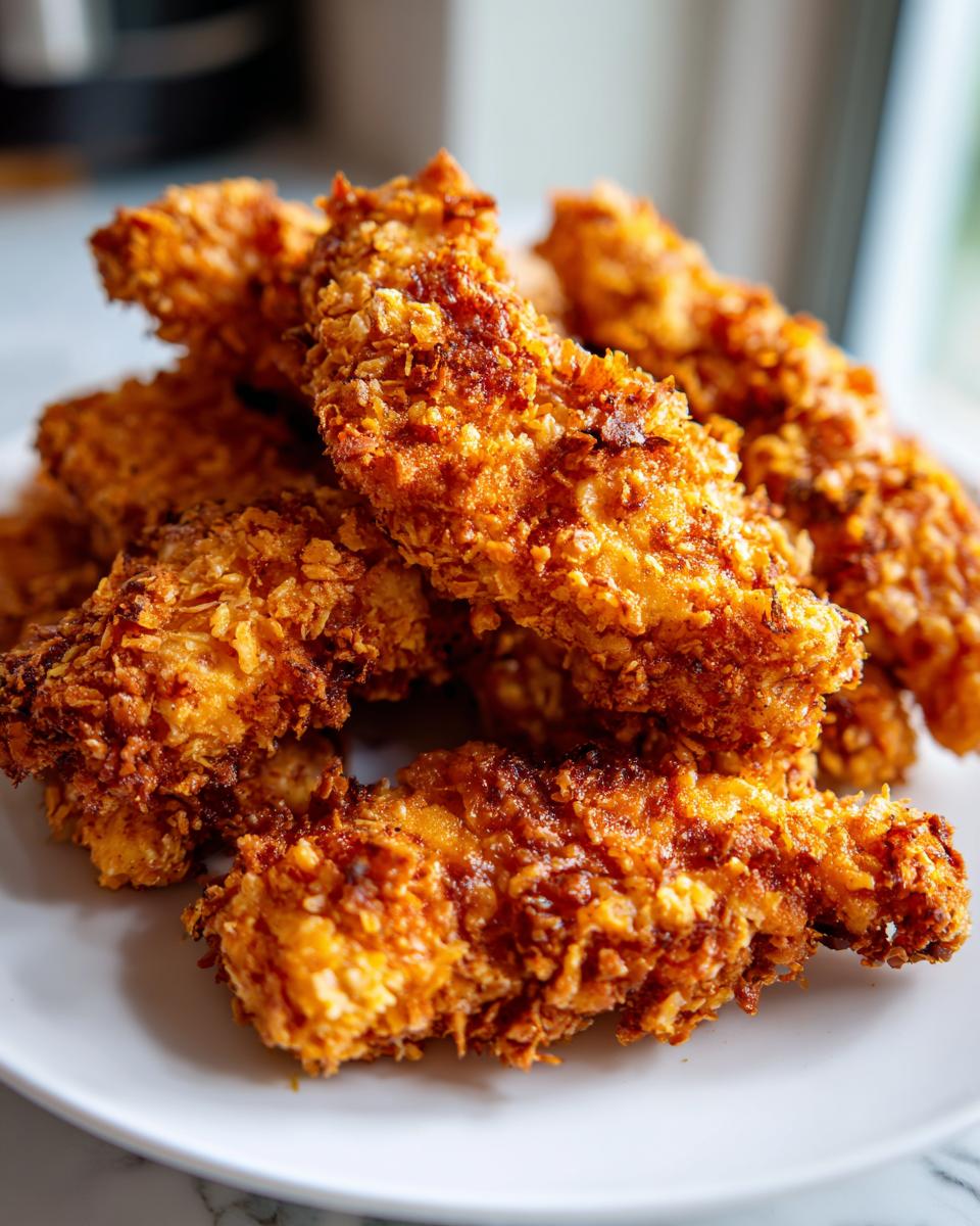 A pile of golden brown, crispy air fryer chicken tenders on a white plate.