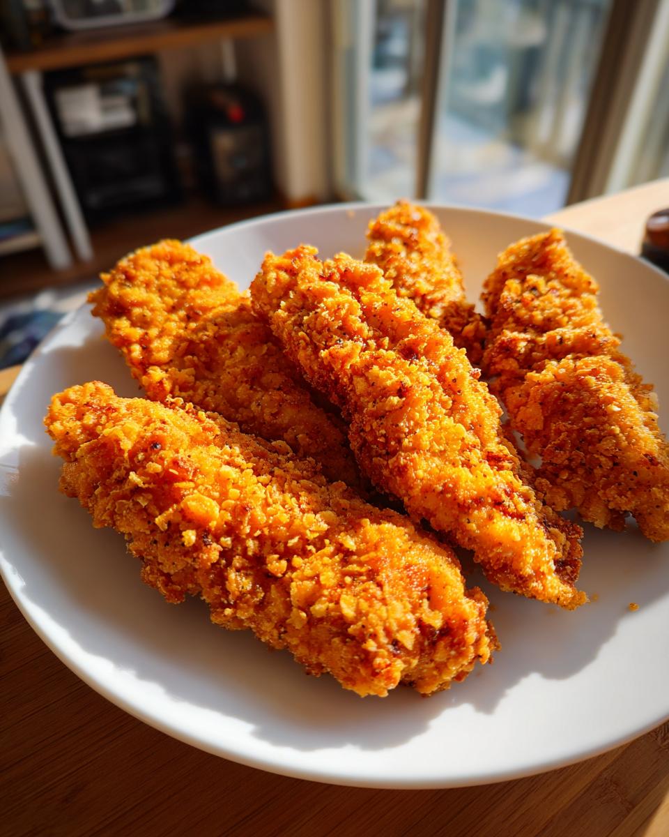 A plate of golden-brown, crispy air fryer chicken tenders with a crunchy coating.