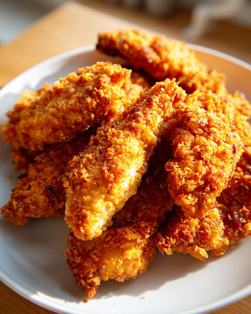 A pile of golden brown, crispy air fryer chicken tenders on a white plate.