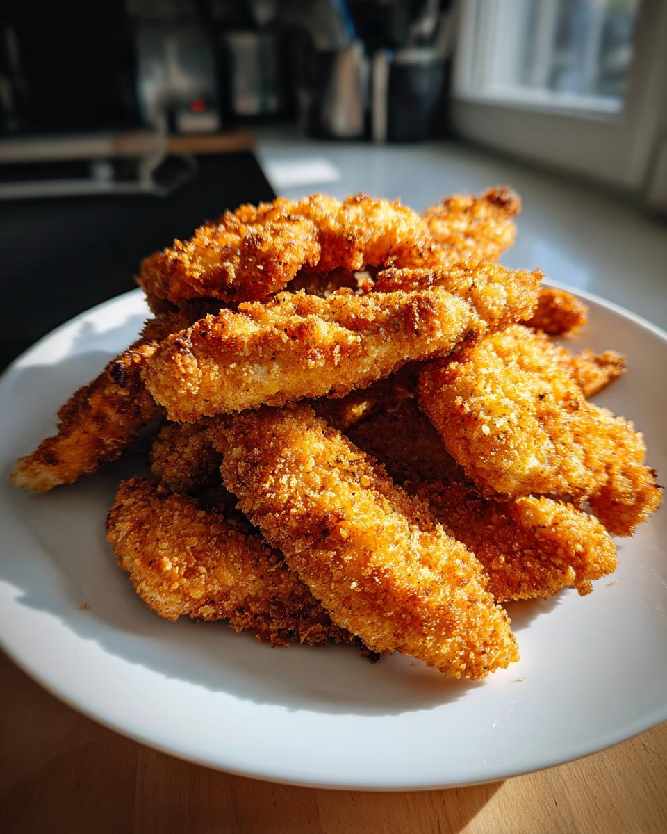 A white plate piled high with golden brown, crispy air fryer chicken tenders.