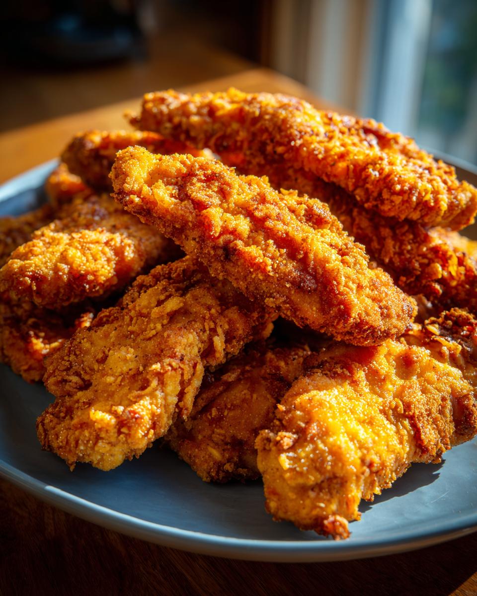 A close-up shot of a pile of golden brown, crispy air fryer chicken tenders on a blue plate.