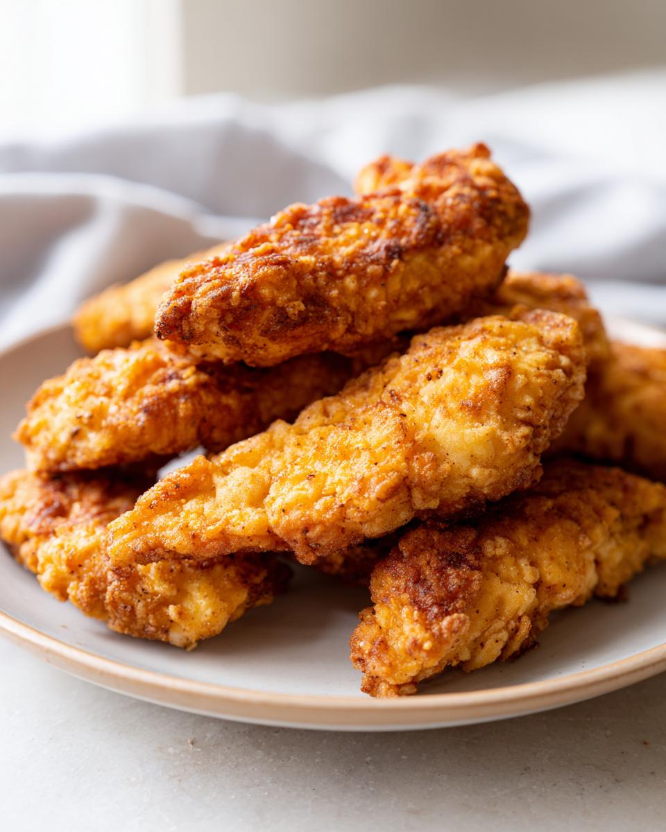 A close-up of a pile of golden-brown, crispy air fryer chicken tenders on a light gray plate.