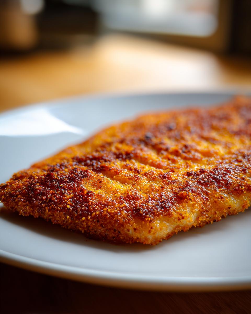 A close-up of a perfectly Crispy Cornmeal Fried Fish Recipe fillet on a white plate, showcasing its golden-brown, textured crust.