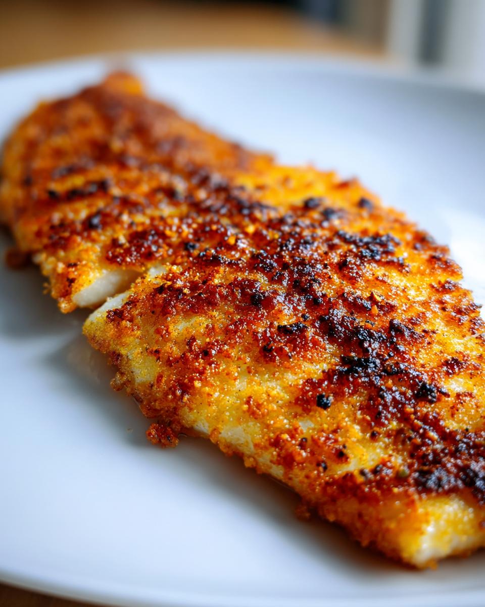 Close-up of a perfectly cooked crispy cornmeal fried fish fillet on a white plate.