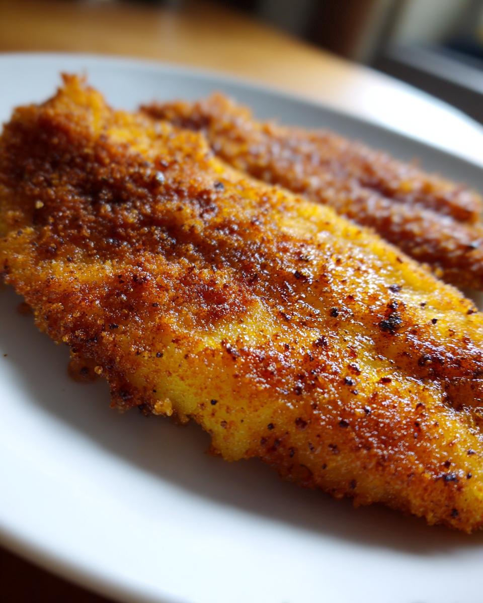 Close-up of two crispy cornmeal fried fish fillets on a white plate, seasoned with spices.