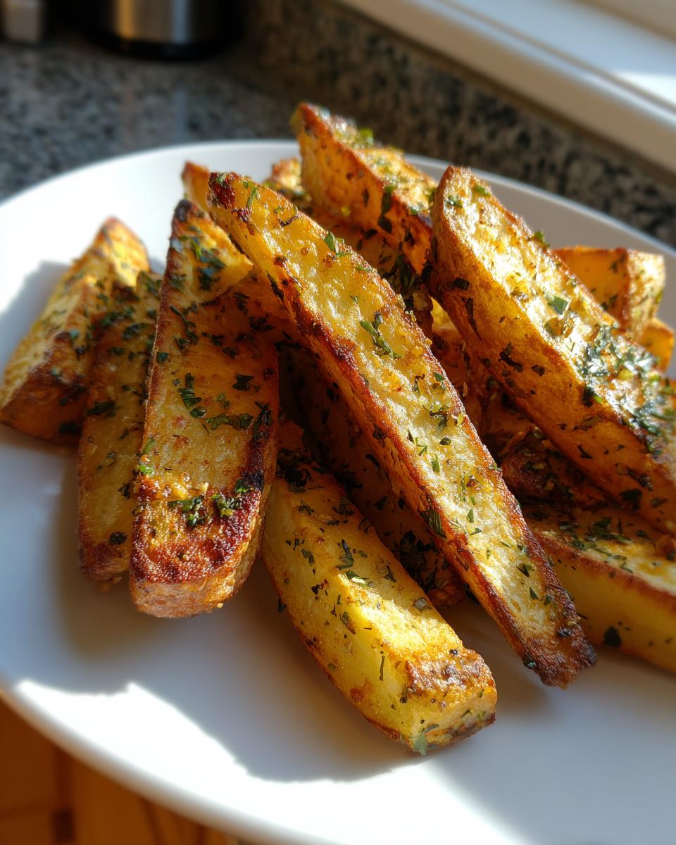 Close-up of golden, thick-cut Crispy Jumbo Garlic Herb Fries seasoned with visible green herbs on a white plate.