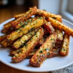 A close-up of a mound of Crispy Jumbo Garlic Herb Fries seasoned with herbs and garlic on a white plate.