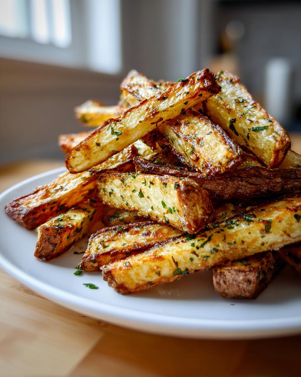 A close-up of a mound of golden, crispy jumbo garlic herb fries seasoned with visible green herbs, served on a white plate.