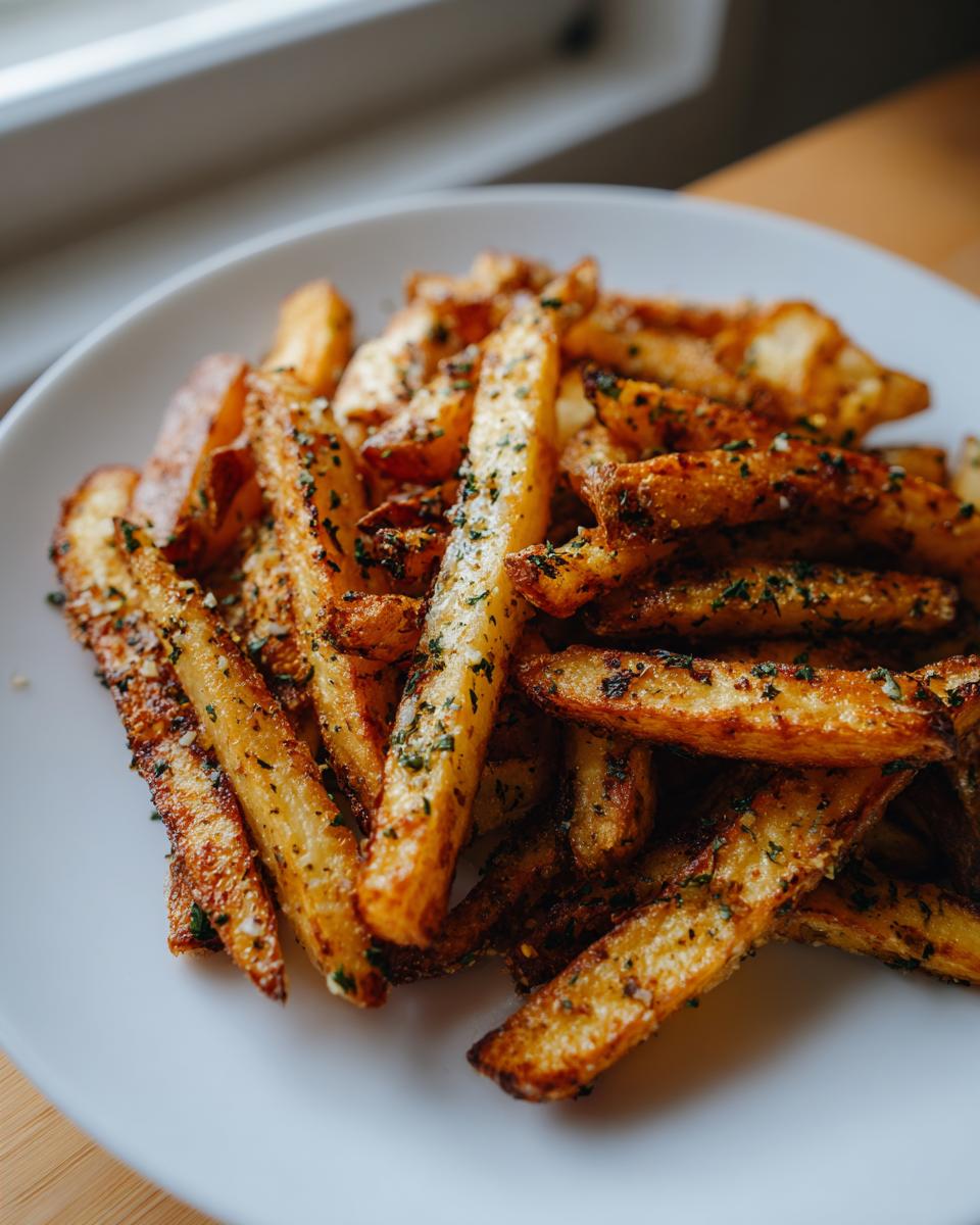 A close-up of golden brown, thick-cut Crispy Jumbo Garlic Herb Fries seasoned with visible green herbs on a white plate.