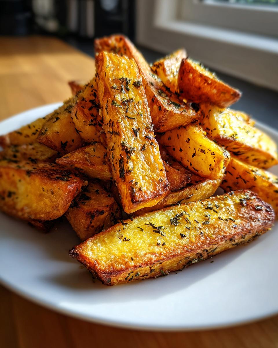 A close-up stack of golden, thick-cut Crispy Jumbo Garlic Herb Fries seasoned with dark green herbs.