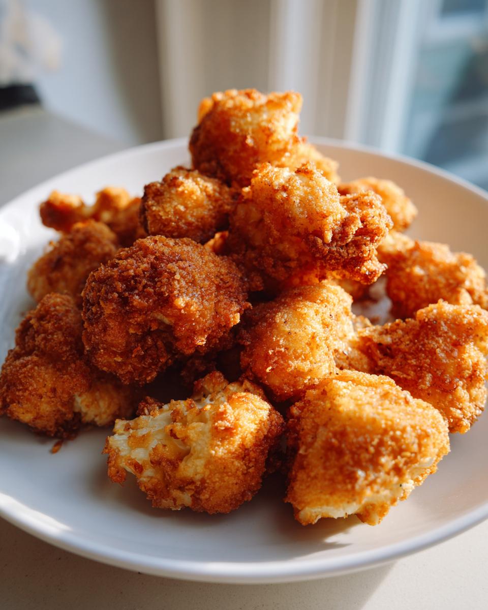 A close-up of a pile of golden brown, crispy Vegan Ranch Popcorn Cauliflower Bites on a white plate.