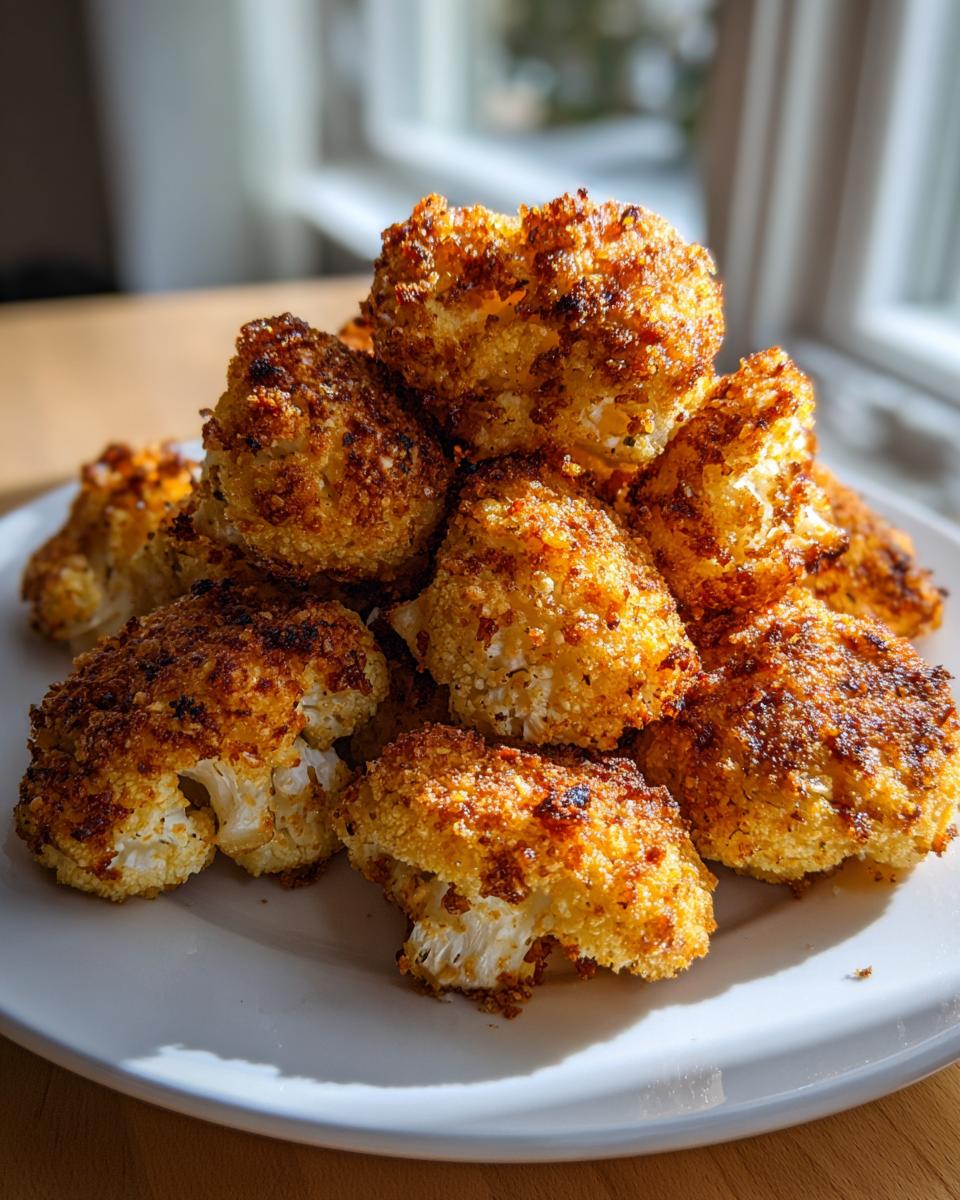 A pile of golden-brown, crispy Vegan Ranch Popcorn Cauliflower Bites stacked on a white plate.
