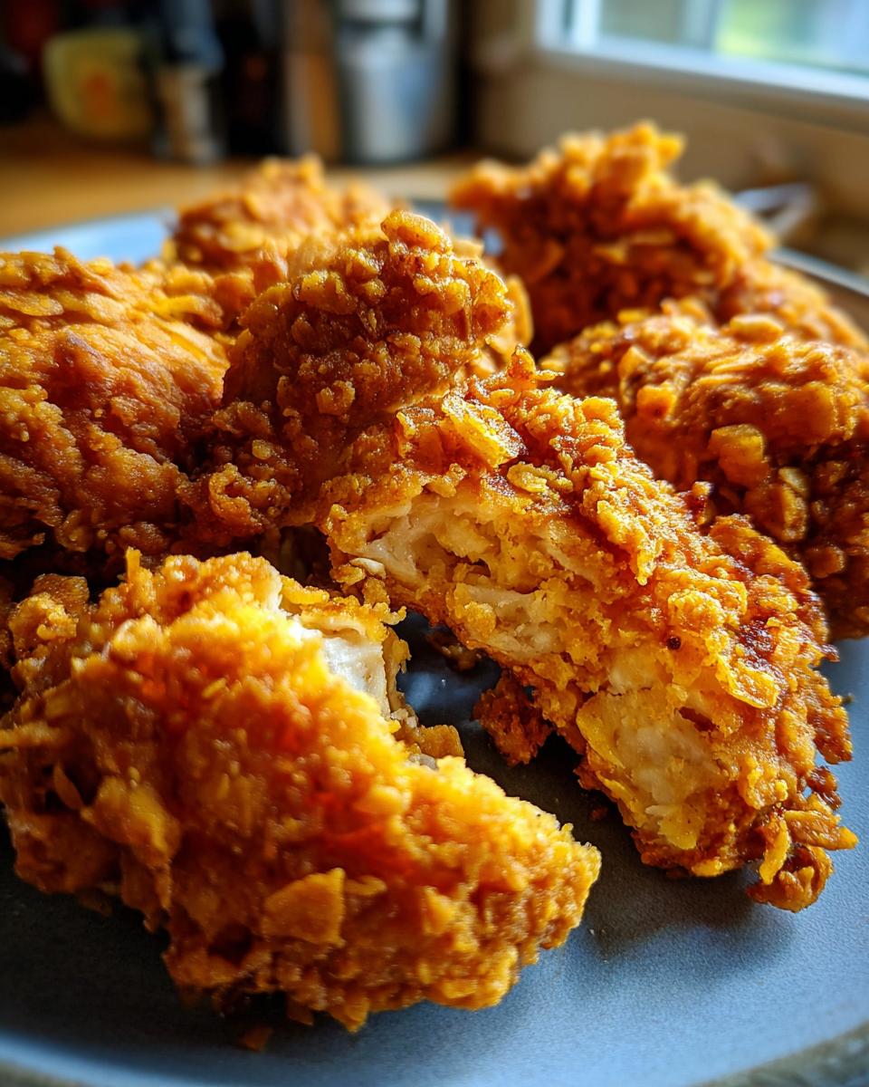 Close-up of golden-brown Crunchy Potato Chip Chicken pieces on a plate, showing the crispy coating.