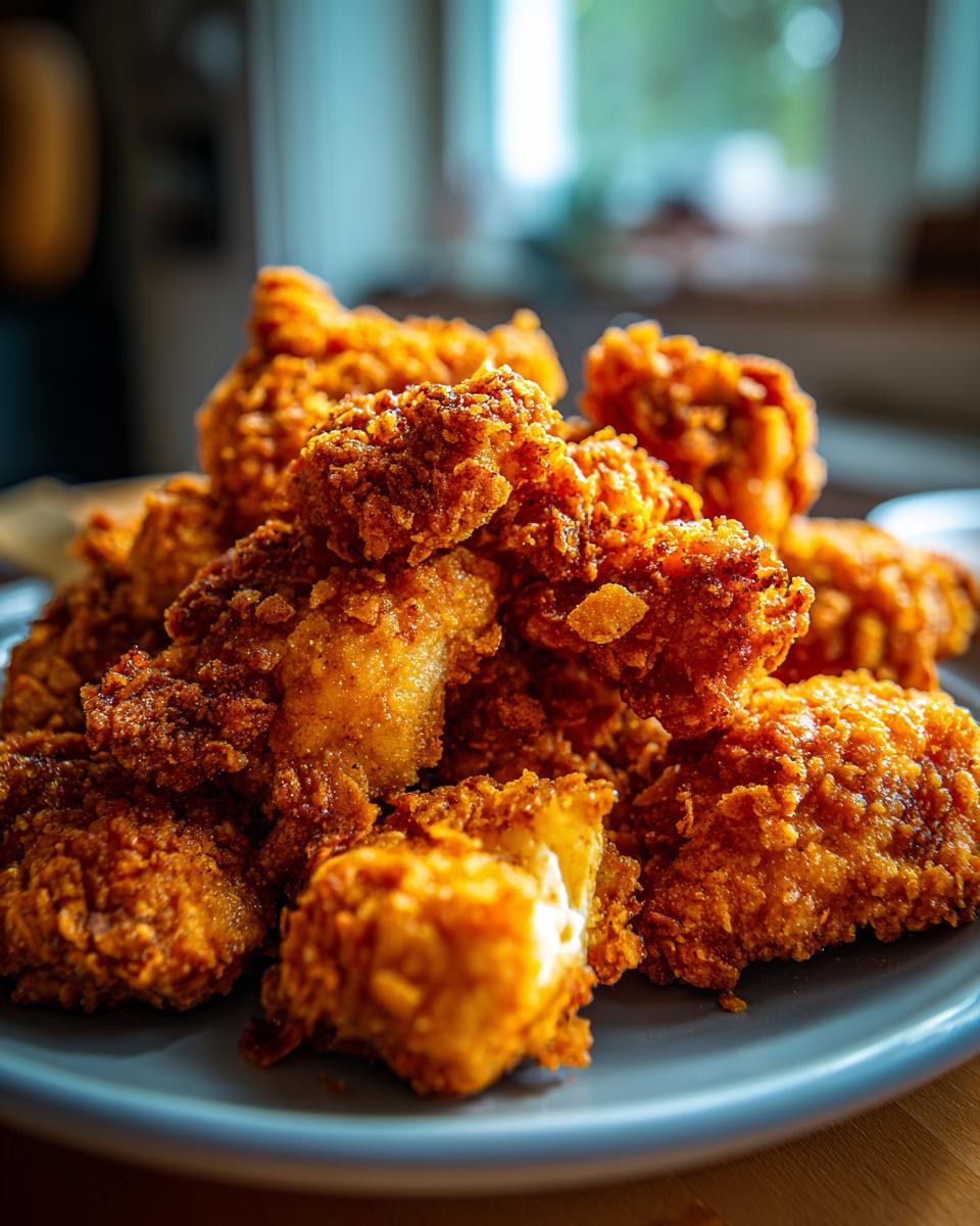 Close-up of a pile of golden-brown Crunchy Potato Chip Chicken bites on a grey plate.
