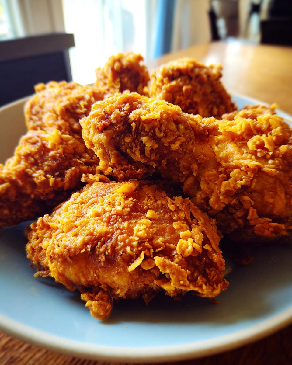 A pile of golden-brown, crispy chicken pieces coated in crushed potato chips, ready to be served.