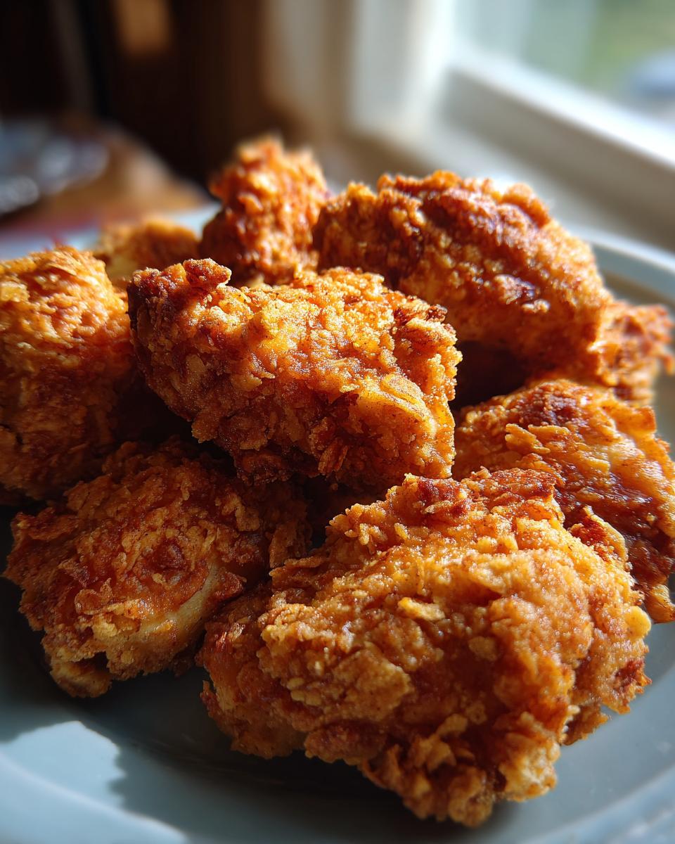 A close-up shot of golden brown, crunchy potato chip chicken pieces piled on a plate.