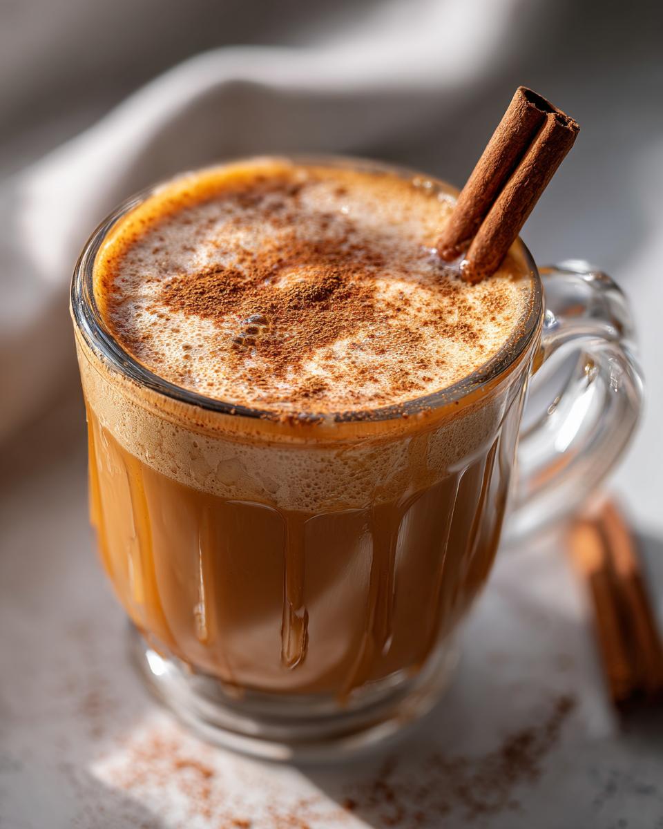 A warm mug of Dairy Free Caramel Apple Cider topped with foam, cinnamon, and a cinnamon stick.