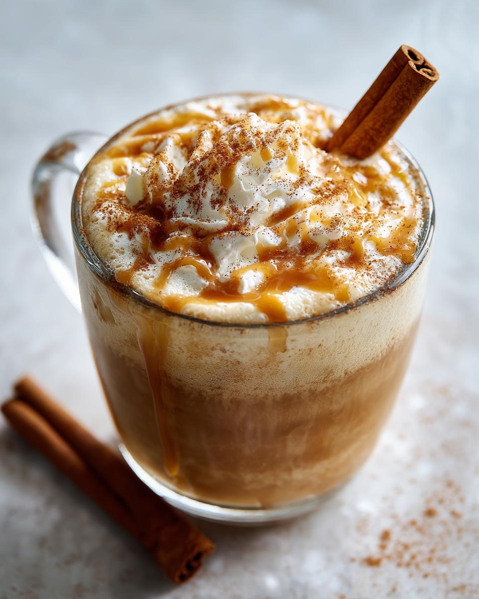 A warm mug of Dairy Free Caramel Apple Cider topped with whipped cream, caramel drizzle, and cinnamon, garnished with a cinnamon stick.