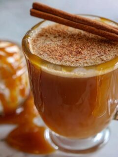 A warm mug of Dairy Free Caramel Apple Cider topped with cinnamon and a cinnamon stick, with a side of caramel sauce.