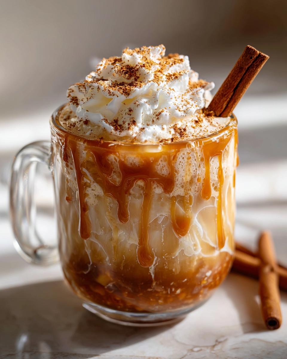 A delicious Dairy Free Caramel Apple Cider topped with whipped cream, cinnamon, and a cinnamon stick.