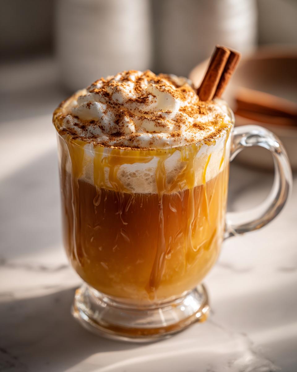 A warm mug of Dairy Free Caramel Apple Cider topped with whipped cream, caramel drizzle, cinnamon, and a cinnamon stick.