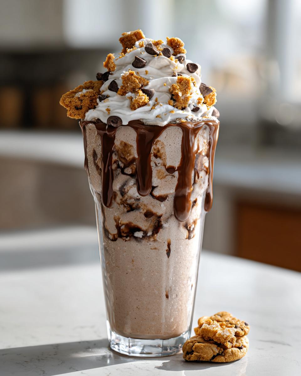 A tall glass filled with a Dairy Free Chocolate Chip Cookie Milkshake, topped with whipped cream, chocolate chips, cookie crumbles, and chocolate drizzle.