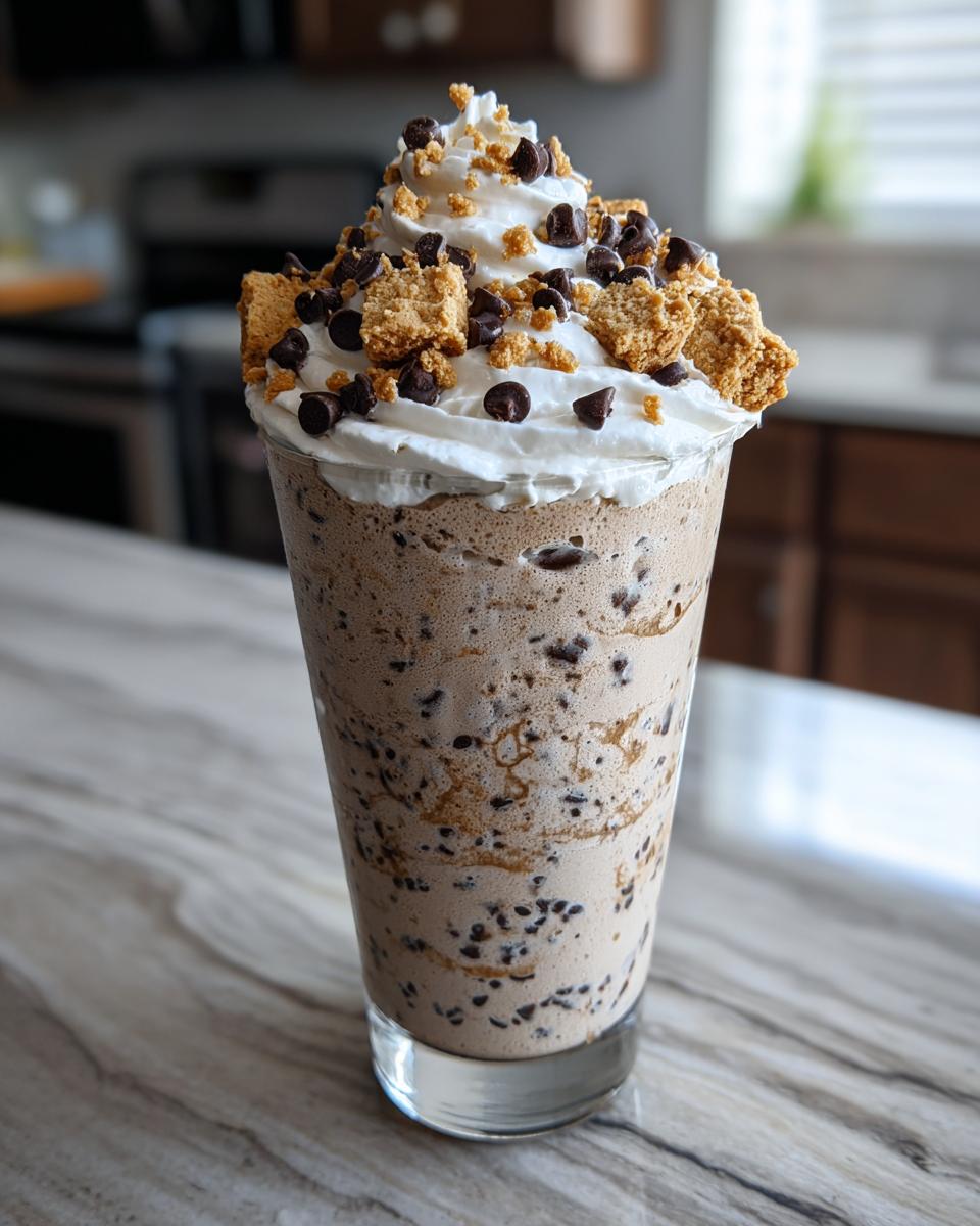 A tall Dairy Free Chocolate Chip Cookie Milkshake topped with whipped cream, chocolate chips, and cookie crumbles.