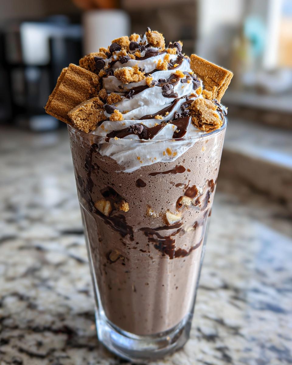A tall glass of Dairy Free Chocolate Chip Cookie Milkshake topped with whipped cream, chocolate chips, cookie crumbles, and graham crackers.