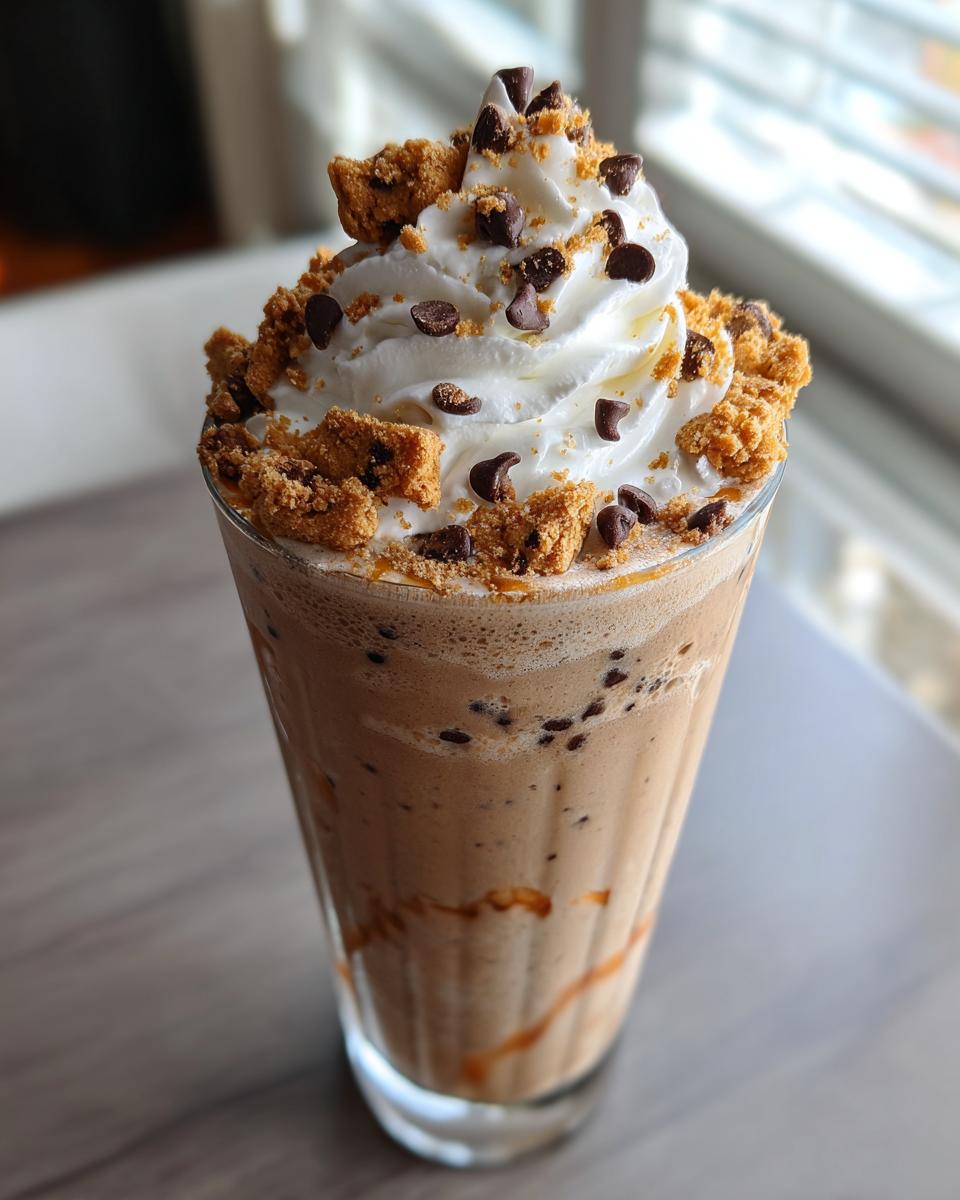 A tall glass filled with a creamy Dairy Free Chocolate Chip Cookie Milkshake, topped with whipped cream, chocolate chips, and cookie crumbles.