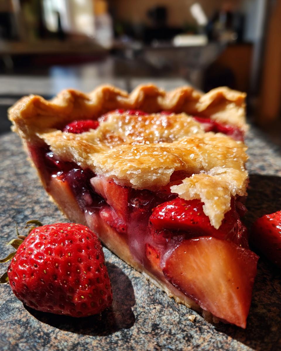 A slice of Decadent Brown Butter Strawberry Peach Pie with a flaky crust and juicy fruit filling, garnished with fresh strawberries.
