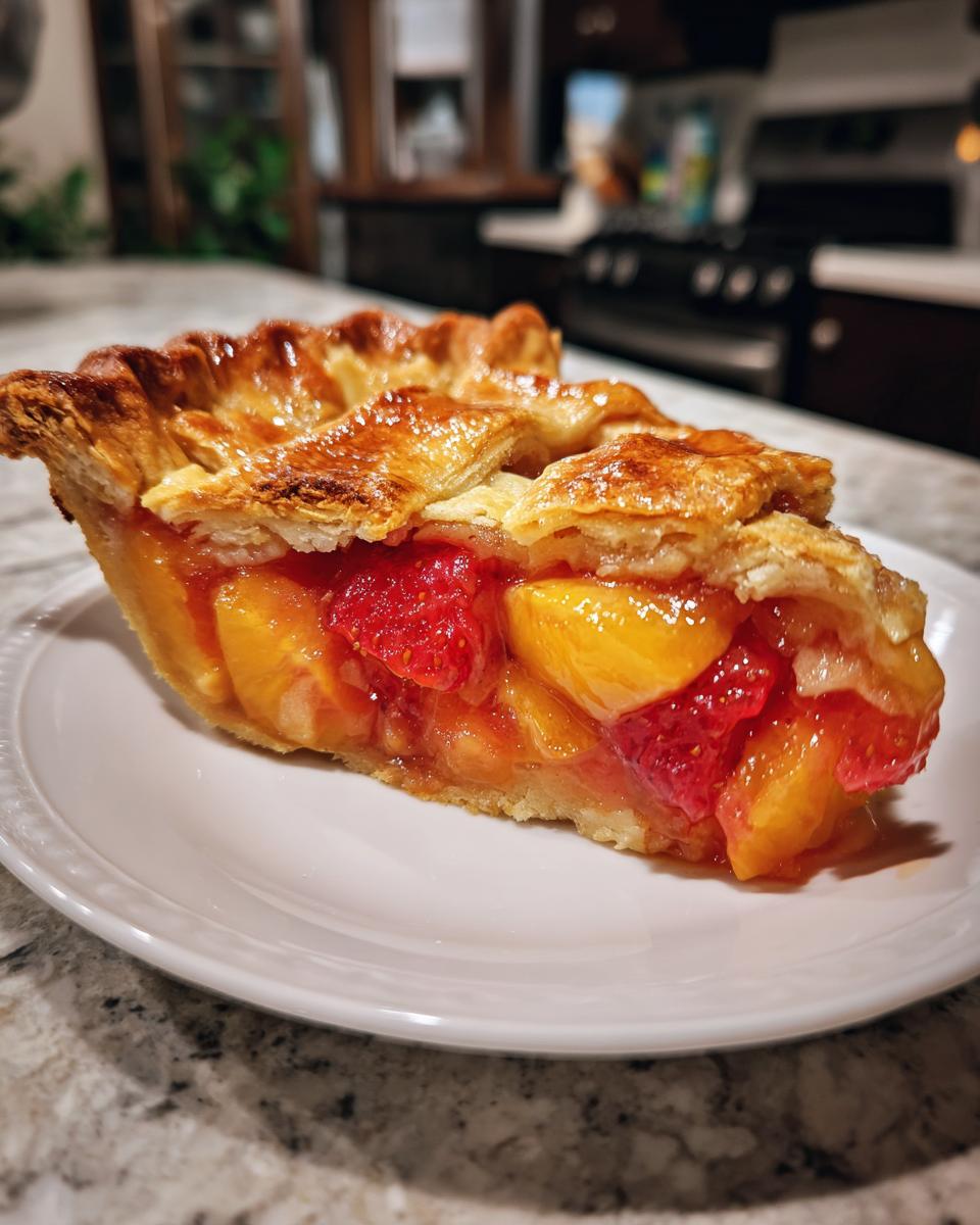 A slice of decadent brown butter strawberry peach pie on a white plate, showcasing a flaky crust and juicy fruit filling.