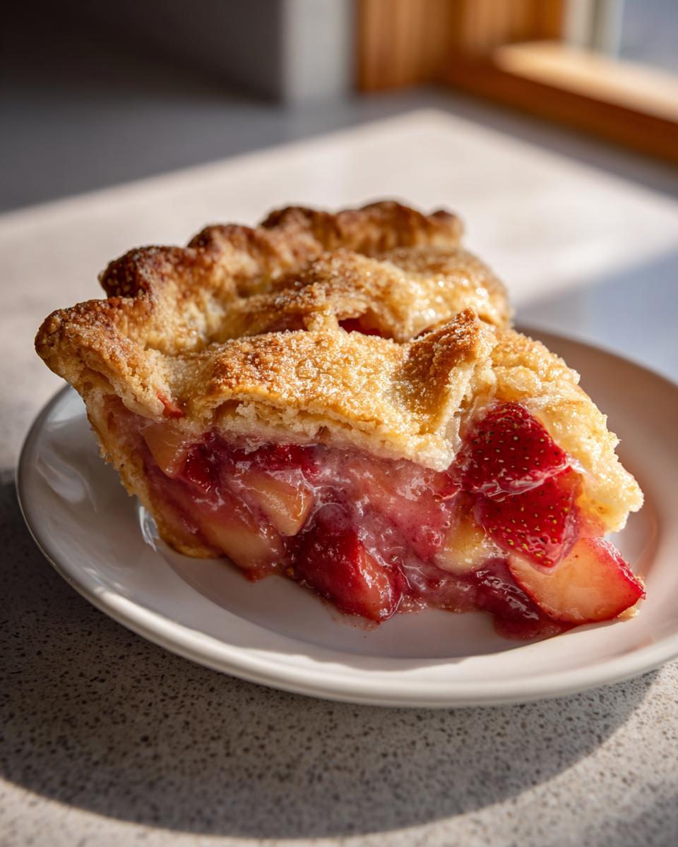 A slice of Decadent Brown Butter Strawberry Peach Pie on a white plate, showing juicy fruit filling and golden crust.