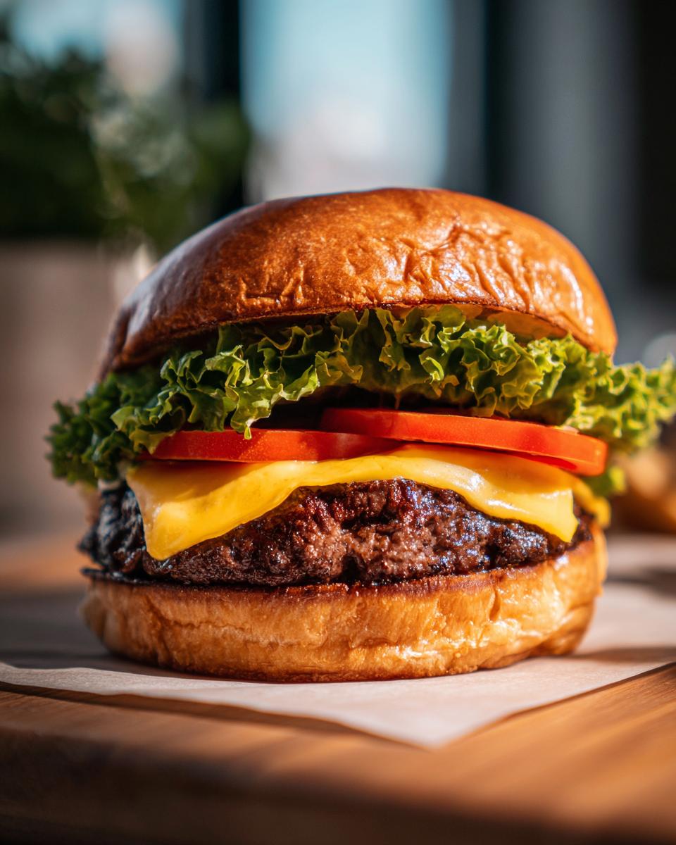 A delicious burger with a juicy beef patty, melted cheese, fresh tomato slices, and crisp lettuce on a toasted bun.