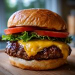 A classic cheeseburger with a juicy beef patty, melted cheddar cheese, fresh lettuce, and tomato slices on a toasted bun.