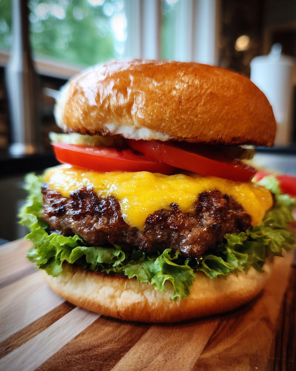 A juicy cheeseburger with melted cheddar cheese, fresh lettuce, and tomato slices on a toasted bun.