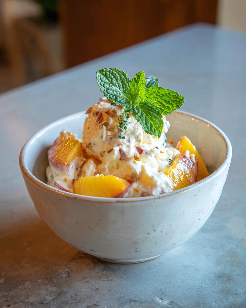 A bowl of Delightful Peaches and Cream, a summer treat, garnished with fresh mint.
