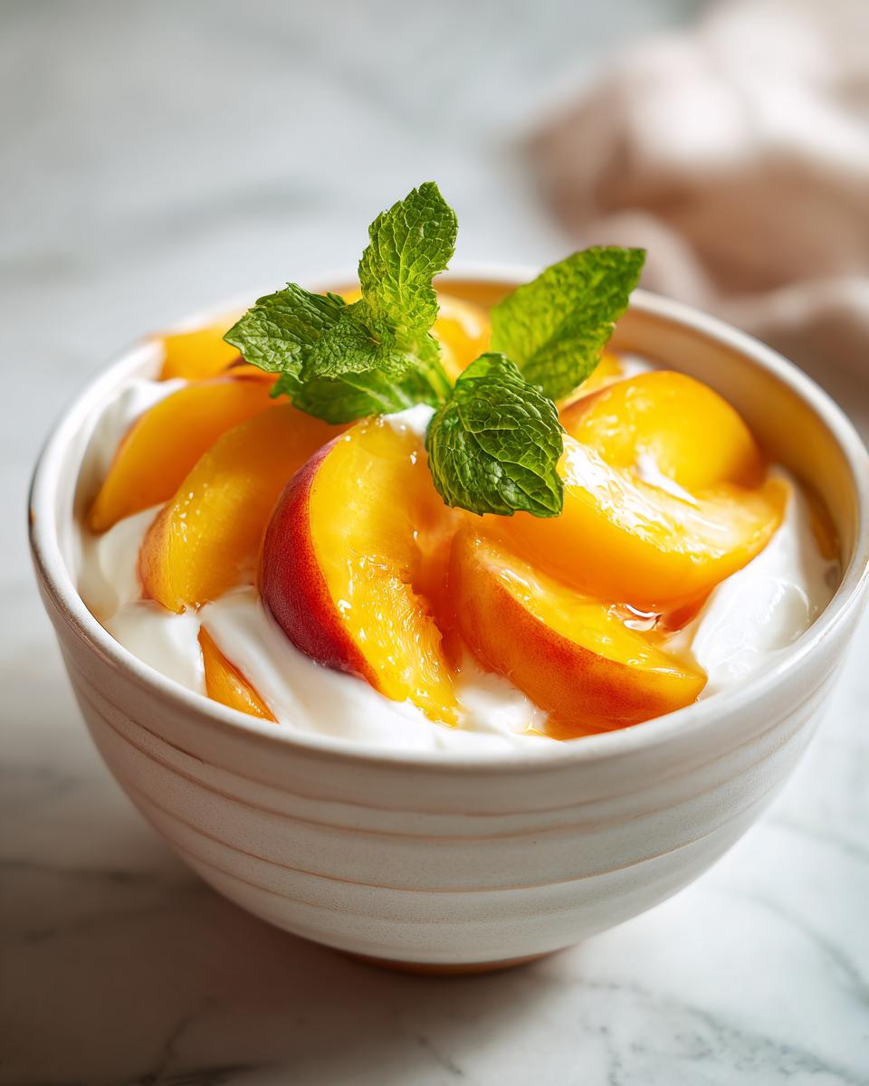 A bowl of creamy yogurt topped with fresh, sliced peaches and garnished with mint leaves, a perfect summer treat.