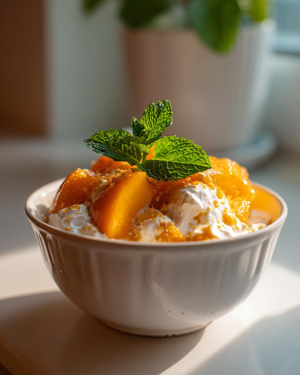 A bowl of Delightful Peaches And Cream, topped with fresh mint and garnished with orange zest.