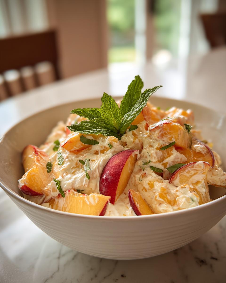 A close-up of a bowl filled with Delightful Peaches and Cream, garnished with fresh mint.