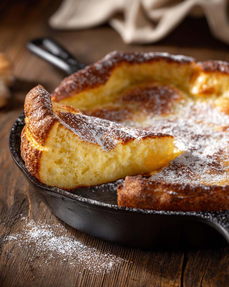 A freshly baked Dutch Baby Pancake, dusted with powdered sugar, served in a cast iron skillet.