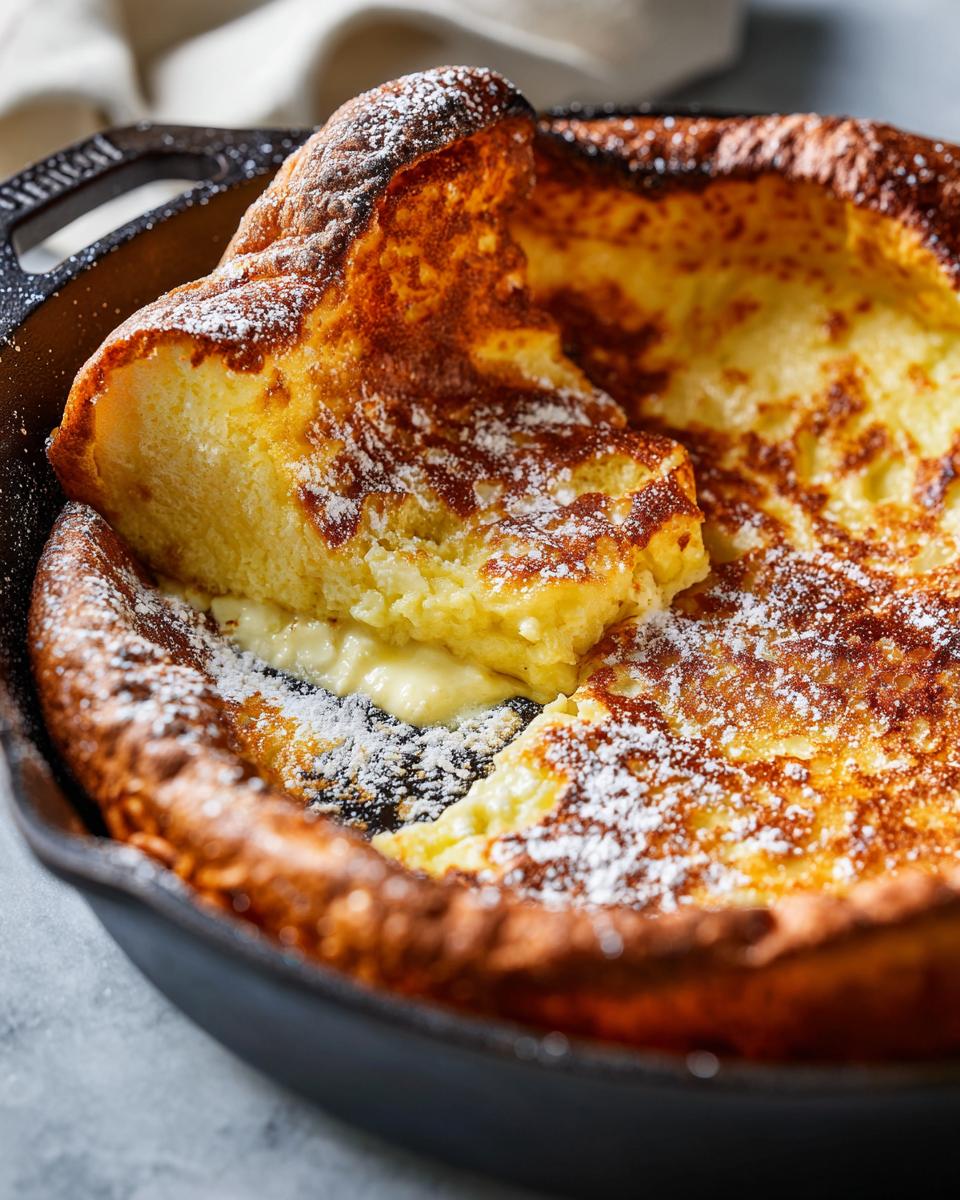 A freshly baked Dutch Baby Pancake, golden brown and puffed, dusted with powdered sugar in a cast iron skillet.