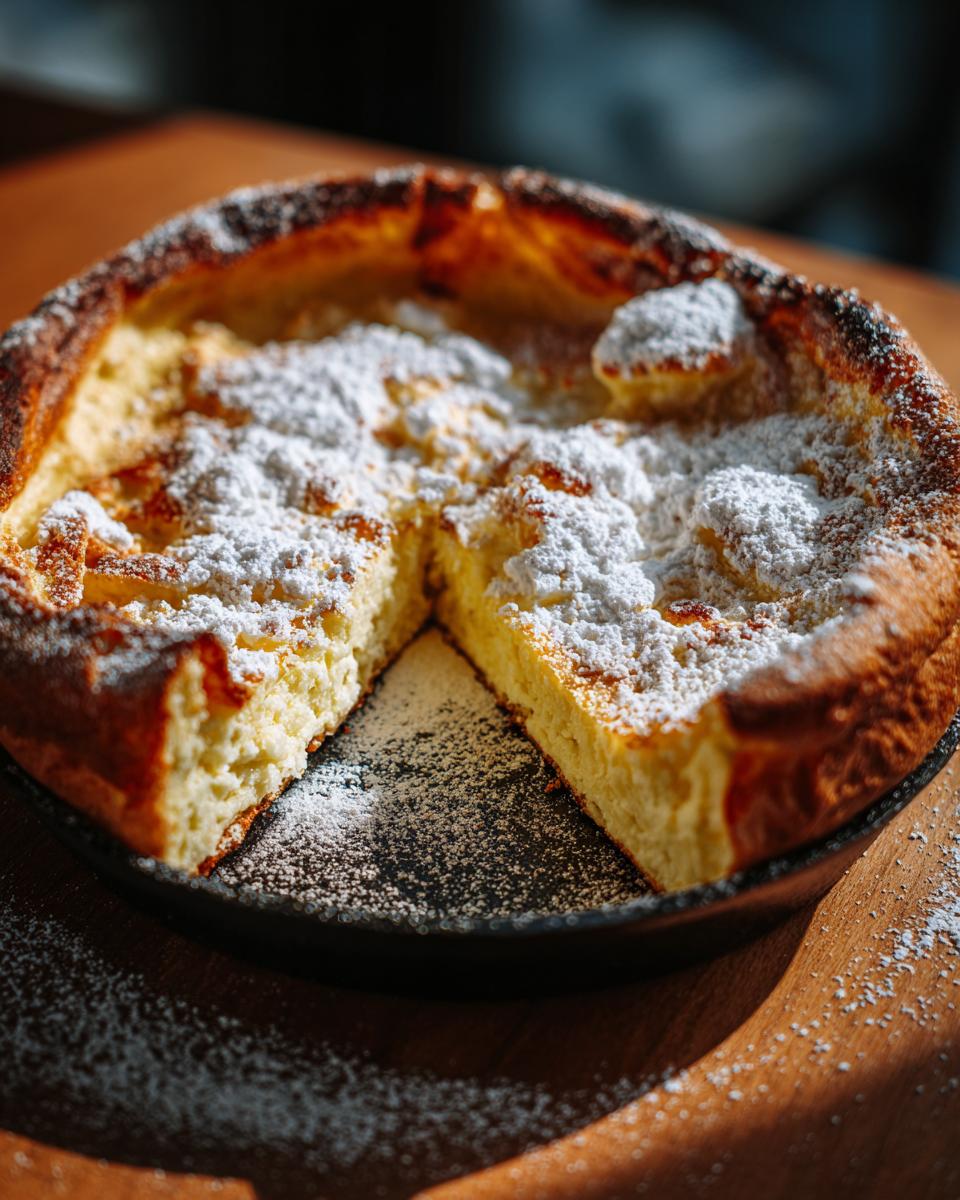 A golden-brown Dutch Baby Pancake, dusted with powdered sugar, with a slice removed.
