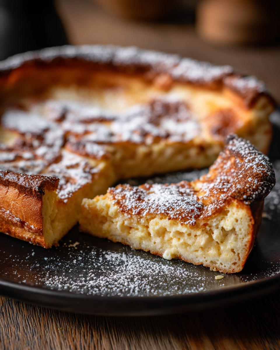 A slice of golden brown Dutch Baby Pancake dusted with powdered sugar on a black plate.