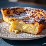 A slice of fluffy Dutch Baby Pancake dusted with powdered sugar on a plate.