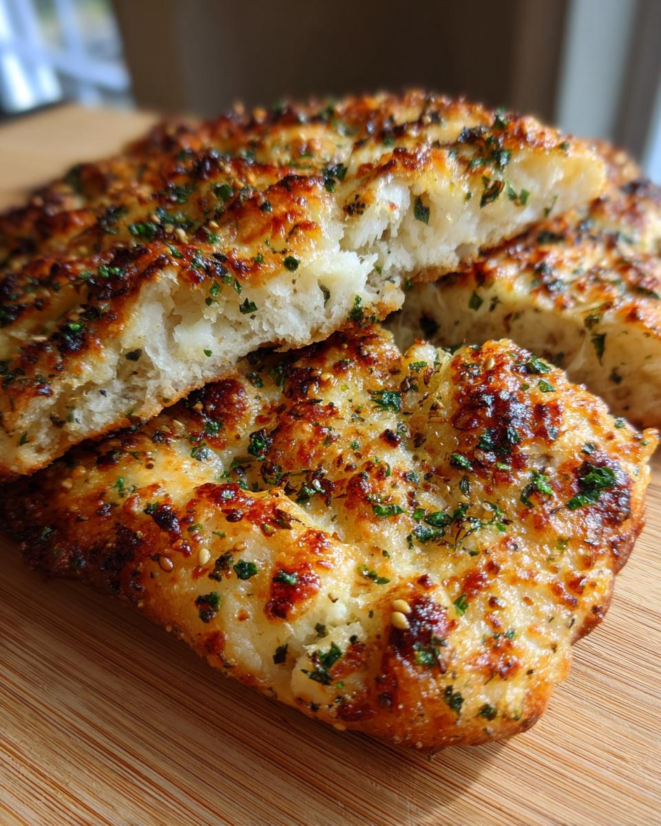 Close-up of a golden-brown Easy Everything Bagel Cheese Naan Pizza, topped with melted cheese and herbs.