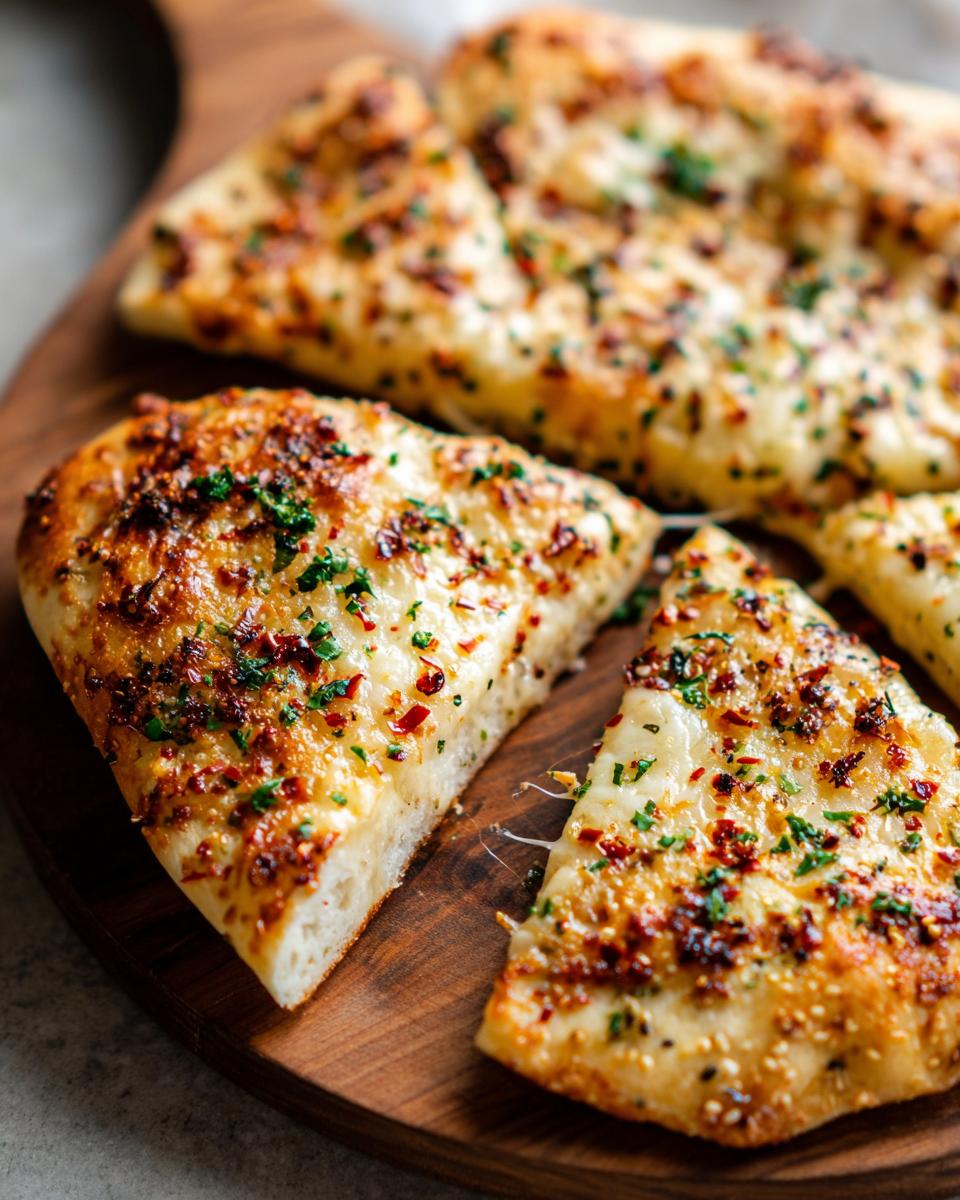 Close-up of a slice of Easy Everything Bagel Cheese Naan Pizza, showing melted cheese and herbs on a wooden board.