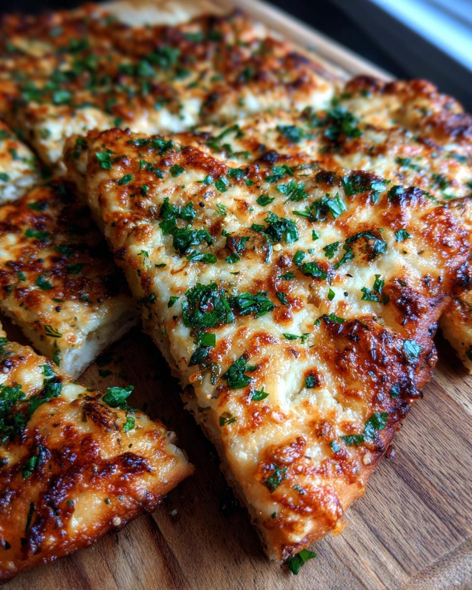 Close-up of triangular slices of Easy Everything Bagel Cheese Naan Pizza, topped with melted cheese and fresh parsley.