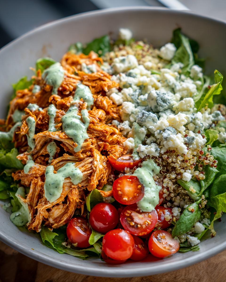 A vibrant Easy Green Goddess Buffalo Chicken Bowl with shredded buffalo chicken, quinoa, cherry tomatoes, blue cheese, and green goddess dressing.